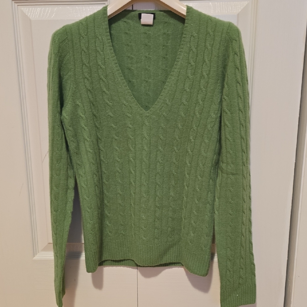 J. Crew Cashmere Green  V-Neck Cable Sweater